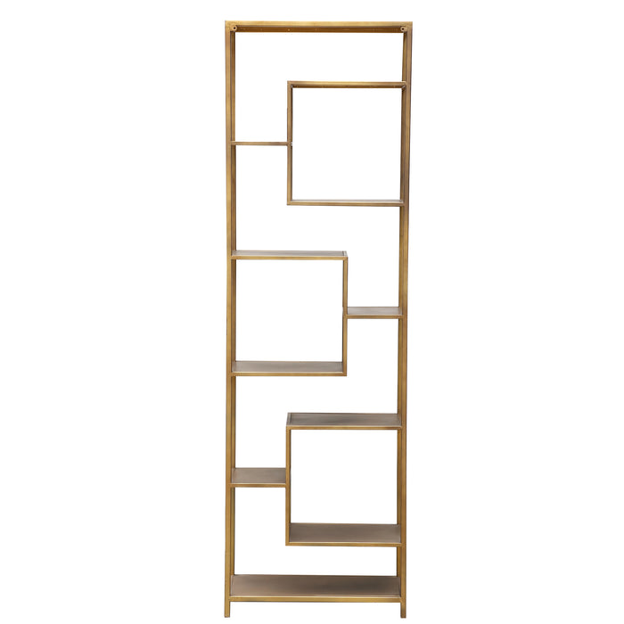 Goudkleurige ijzeren vakkenkast van PTMD met een open design, afmetingen 30x60x195 cm.