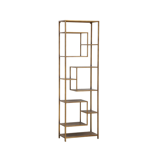 Goudkleurige PTMD vakkenkast van ijzer met een modern open design, afmetingen 30x60x195 cm.