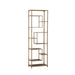 Goudkleurige PTMD vakkenkast van ijzer met een modern open design, afmetingen 30x60x195 cm.