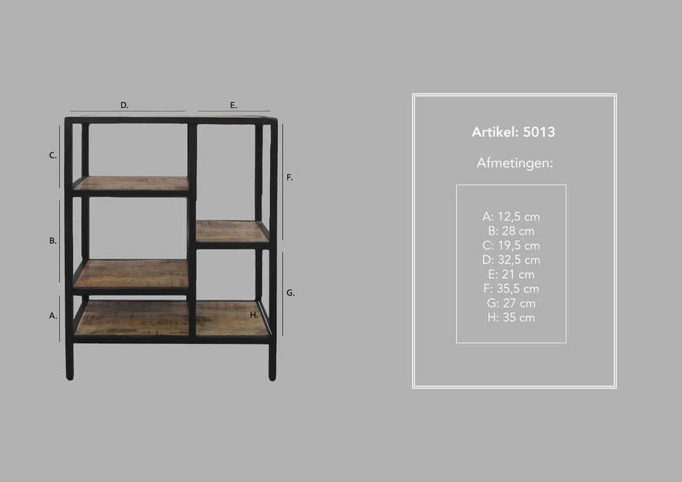 Open Vakkenkast Levels-60x35x81-Naturel/Zwart-Mango/Metaal-Vakkenkasten-HSM Collection