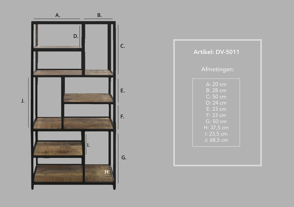 Open Vakkenkast Levels-80x38x180-Naturel/Zwart-Mango/Metaal-Vakkenkasten-HSM Collection