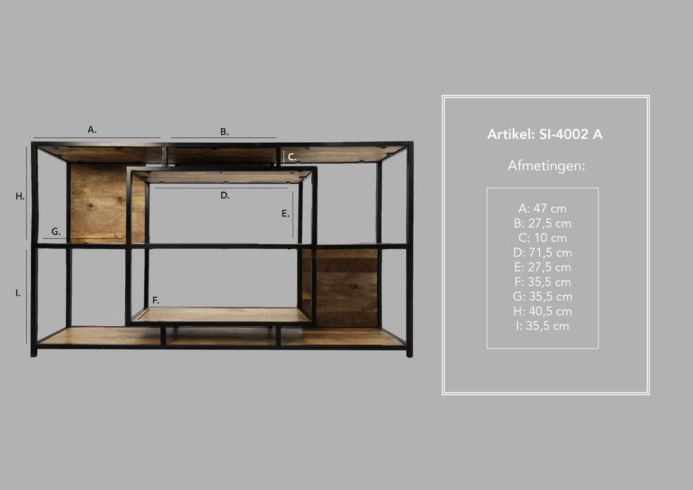 Open vakkenkast Levels - 150x35x90 - Naturel/zwart - Mangohout/ijzer-Vakkenkasten-HSM Collection