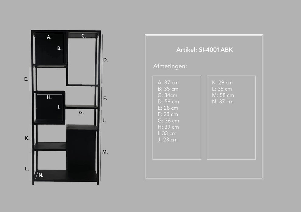 Open vakkenkast Levels - 78x35x178 - Zwart - Mangohout/metaal-Vakkenkasten-HSM Collection