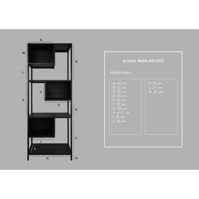 Open vakkenkast Manhattan - 65x35x175 - Zwart - Metaal-Vakkenkasten-HSM Collection