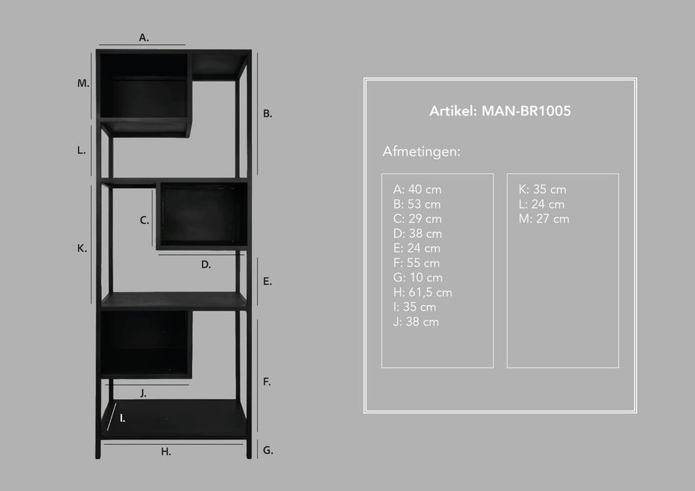 Open vakkenkast Manhattan - 65x35x175 - Zwart - Metaal-Vakkenkasten-HSM Collection