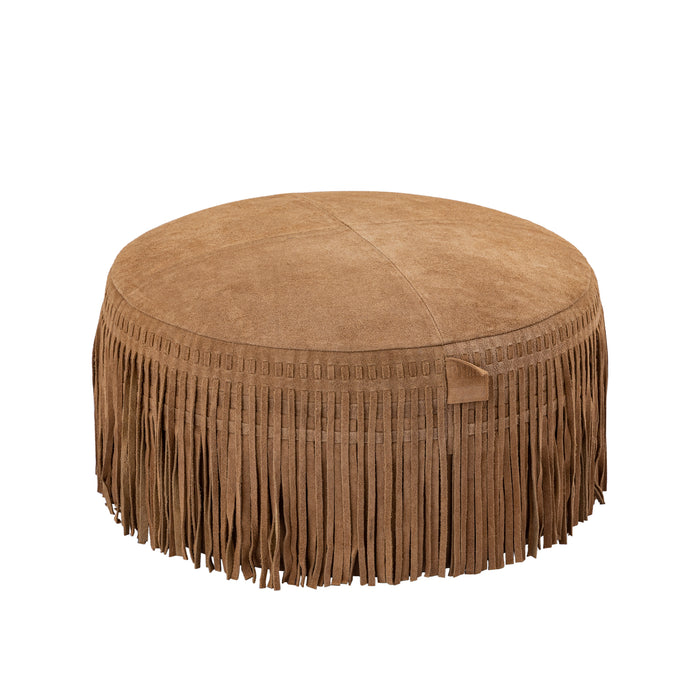 PTMD Eleora Camel Suede Leer Pouf Fringes Rond s-Poefs-PTMD