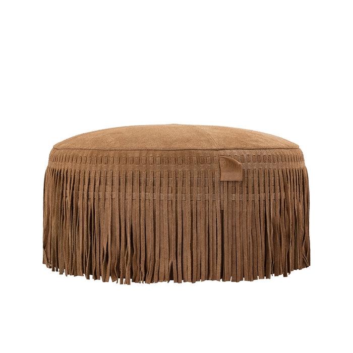 PTMD Eleora Camel Suede Leer Pouf Fringes Rond s-Poefs-PTMD