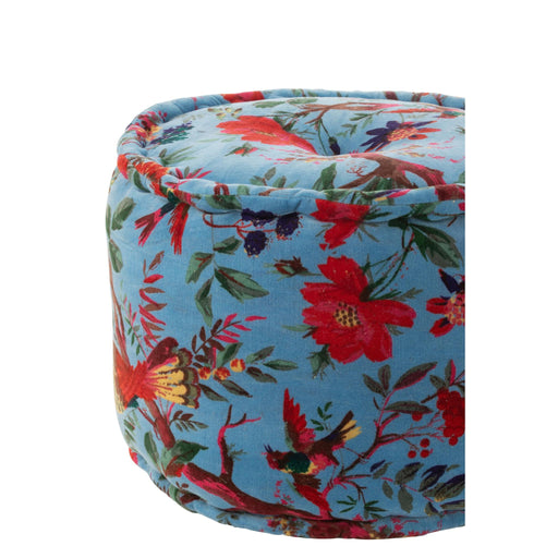 Poef Blauw Katoen Velvet Vogels Rond 40 cm-Poefen-J-Line