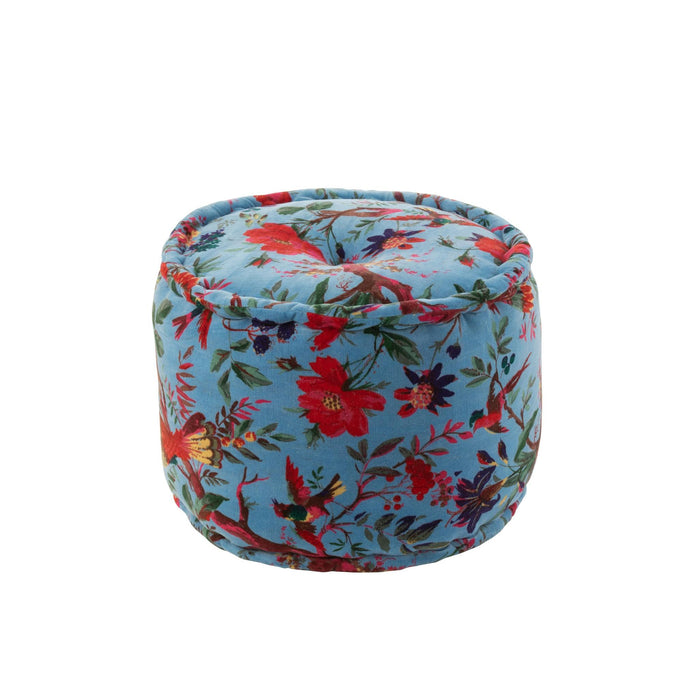 Poef Blauw Katoen Velvet Vogels Rond 40 cm-Poefs-J-Line