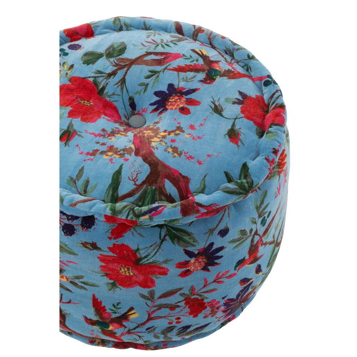 Poef Blauw Katoen Velvet Vogels Rond 40 cm-Poefs-J-Line