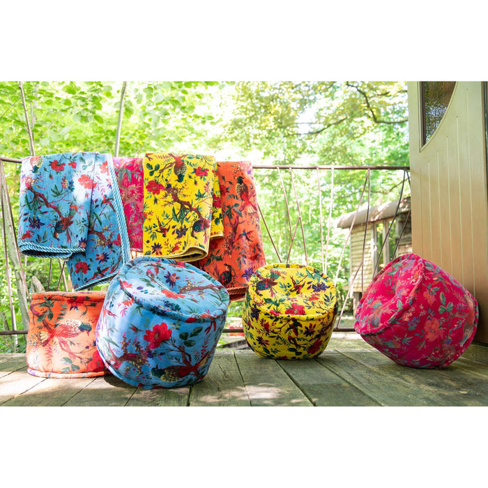 Poef Blauw Katoen Velvet Vogels Rond 40 cm-Poefs-J-Line