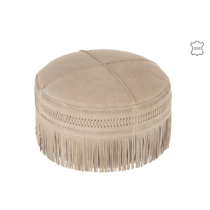 Poef Grijs Leer Franje Rond 54 cm 54x54x37 cm-Poefs-J-Line