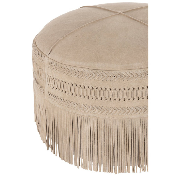 Poef Grijs Leer Franje Rond 54 cm-Poefs-J-Line