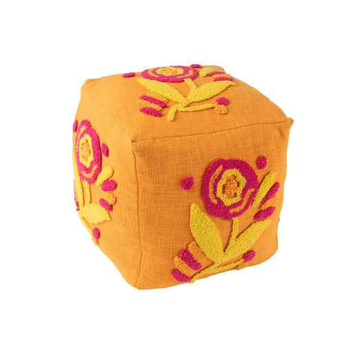 Poef Oranje Katoen Bloemen Vierkant 40 cm-Poefen-J-Line