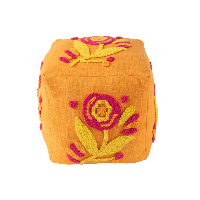 Poef Oranje Katoen Bloemen Vierkant 40 cm-Poefs-J-Line