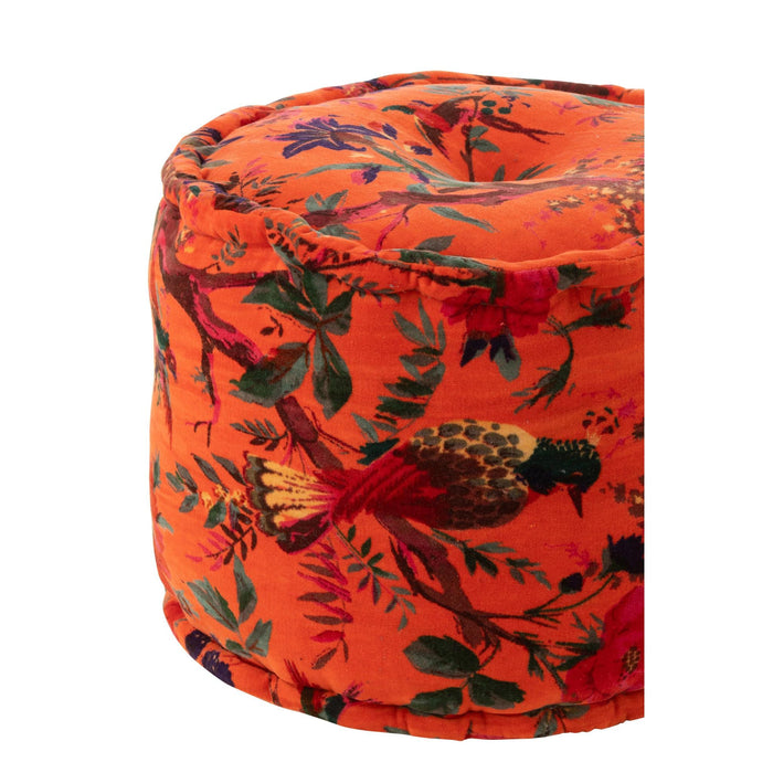 Poef Oranje Katoen Velvet Vogels Rond 40 cm-Poefs-J-Line