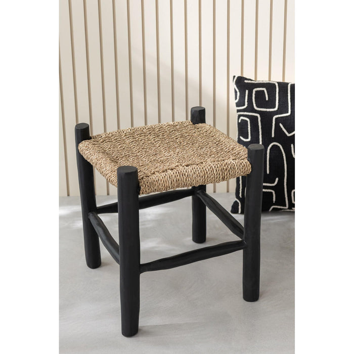 Poef Vierkant Teakhout Zeegras Zwart/Naturel 40 cm 40x40x45 cm-Poefs-J-Line