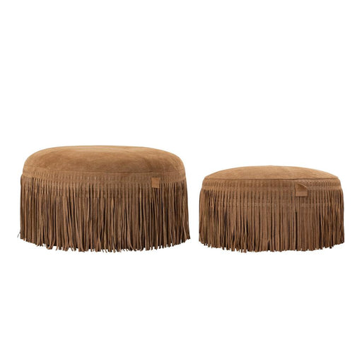 Poefen Eleora Camel Suède Leer Poef Franjes Rond S-Poefen-PTMD