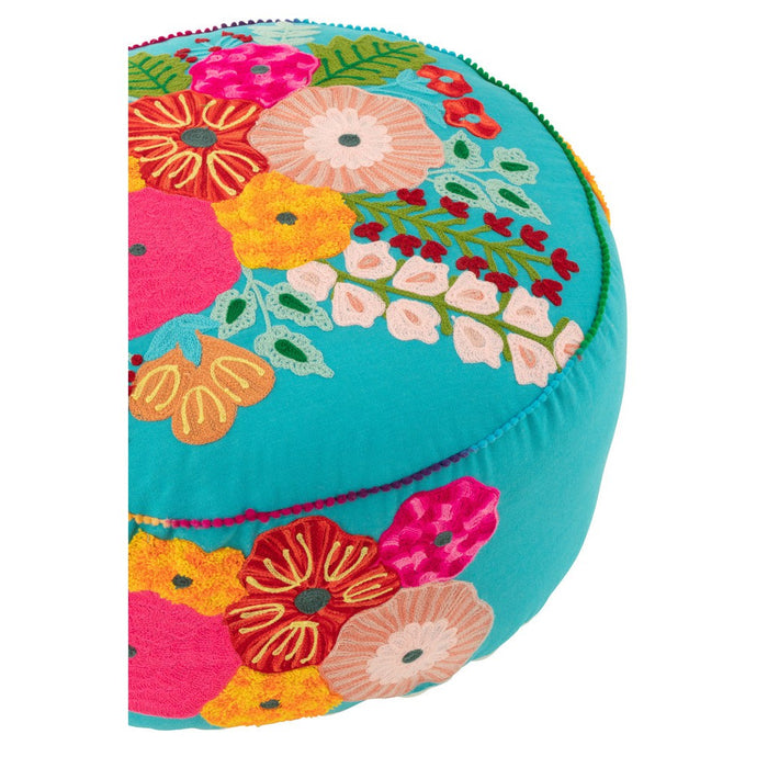 Pouf Rond Flowers Embroidery Cotton | Polyester Blue-Poefs-J-Line