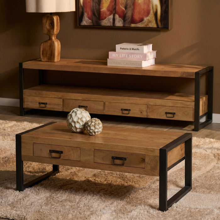 STARFURN Salontafel Britt Mangohout Naturel 120x60 Twee Lades-Salontafels-Starfurn