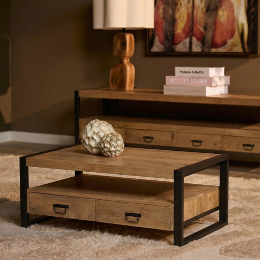 STARFURN Salontafel Britt Mangohout Naturel 120x60 Vier Lades-Salontafels-Starfurn