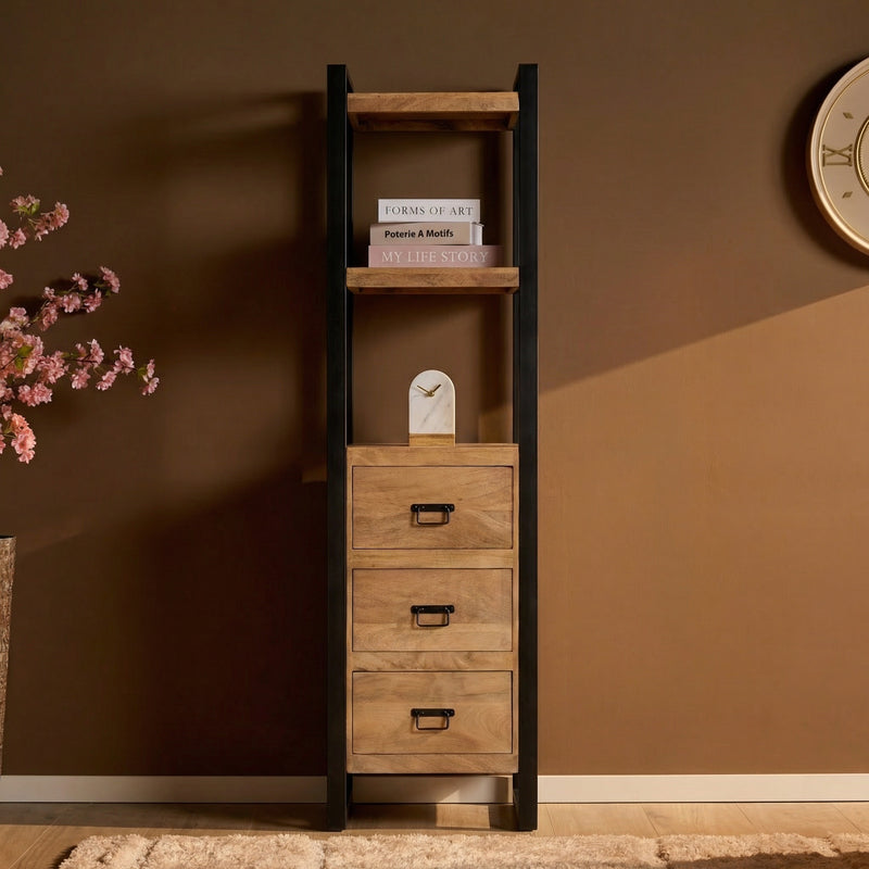 Boekenkast Britt Mangohout Naturel 55cm Met Lades-Boekenkasten-Starfurn