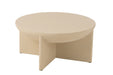 Witte ronde salontafel van 90 cm met een modern houten onderstel en minimalistisch design.