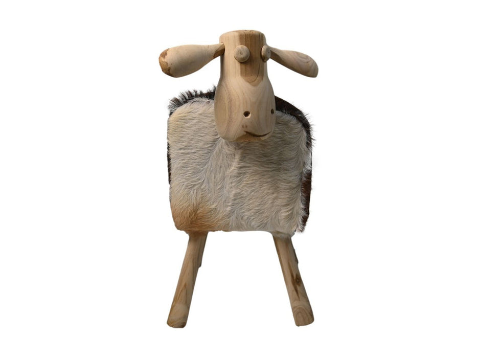 Schaap Shawn groot - 58x34x62 - Wit/bruin/naturel - Teak/geitenhuid-Krukjes-HSM Collection