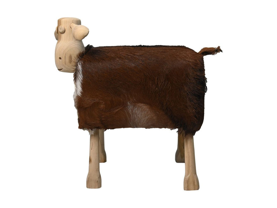 Schaap Shawn groot - 58x34x62 - Wit/bruin/naturel - Teak/geitenhuid-Krukjes-HSM Collection