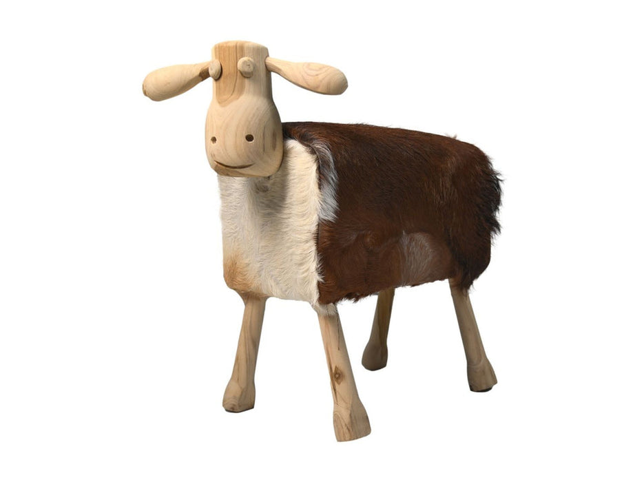 Schaap Shawn groot - 58x34x62 - Wit/bruin/naturel - Teak/geitenhuid-Krukjes-HSM Collection