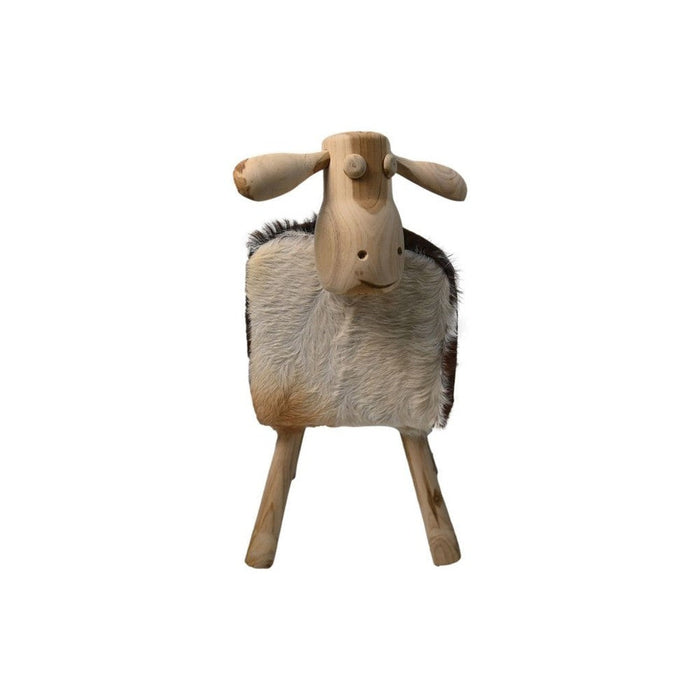 Schaap Shawn groot - 58x34x62 - Wit/bruin/naturel - Teak/geitenhuid-Krukjes-HSM Collection