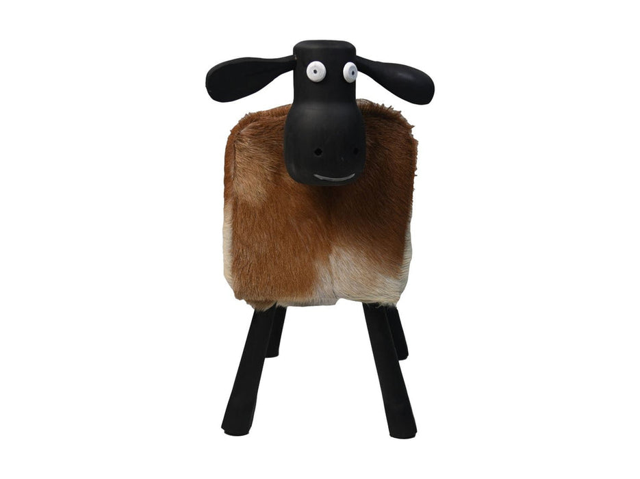 Schaap Shawn groot - 58x34x62 - Wit/bruin/zwart - Teak/geitenhuid-Krukjes-HSM Collection