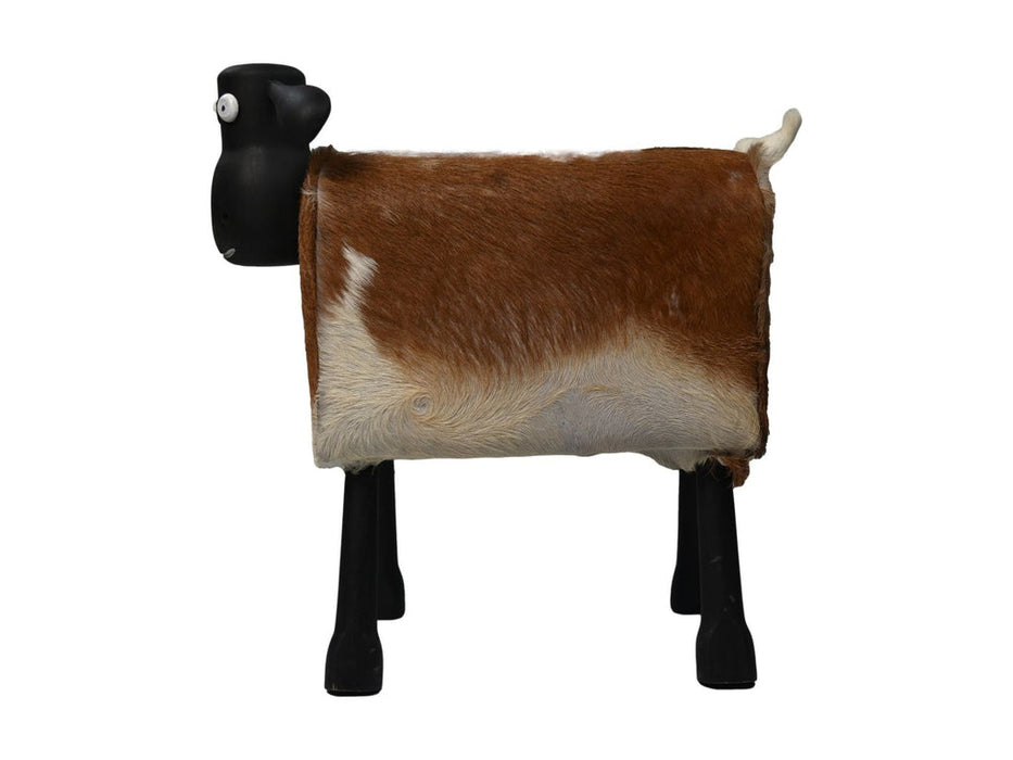 Schaap Shawn groot - 58x34x62 - Wit/bruin/zwart - Teak/geitenhuid-Krukjes-HSM Collection