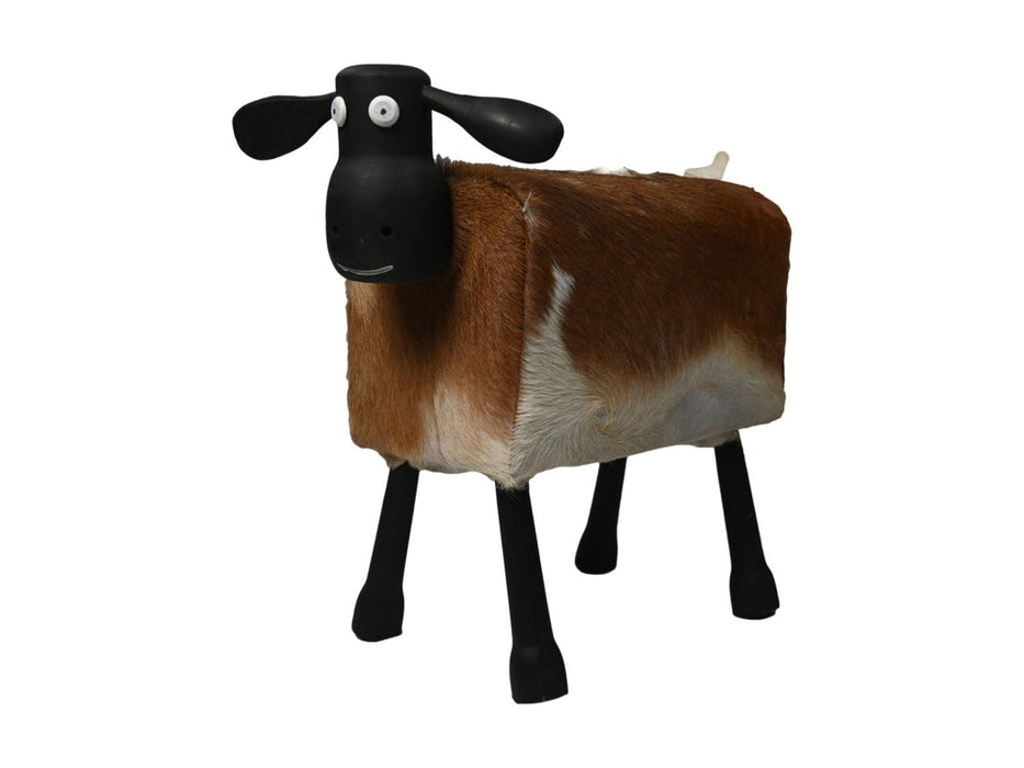 Schaap Shawn groot - 58x34x62 - Wit/bruin/zwart - Teak/geitenhuid-Krukjes-HSM Collection