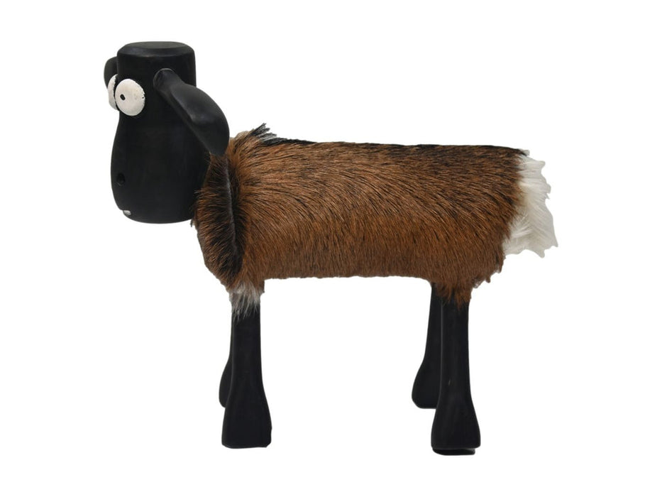 Schaap Shawn klein - 32x14x32 - bruin/zwart - Teak/geitenhuid-Krukjes-HSM Collection