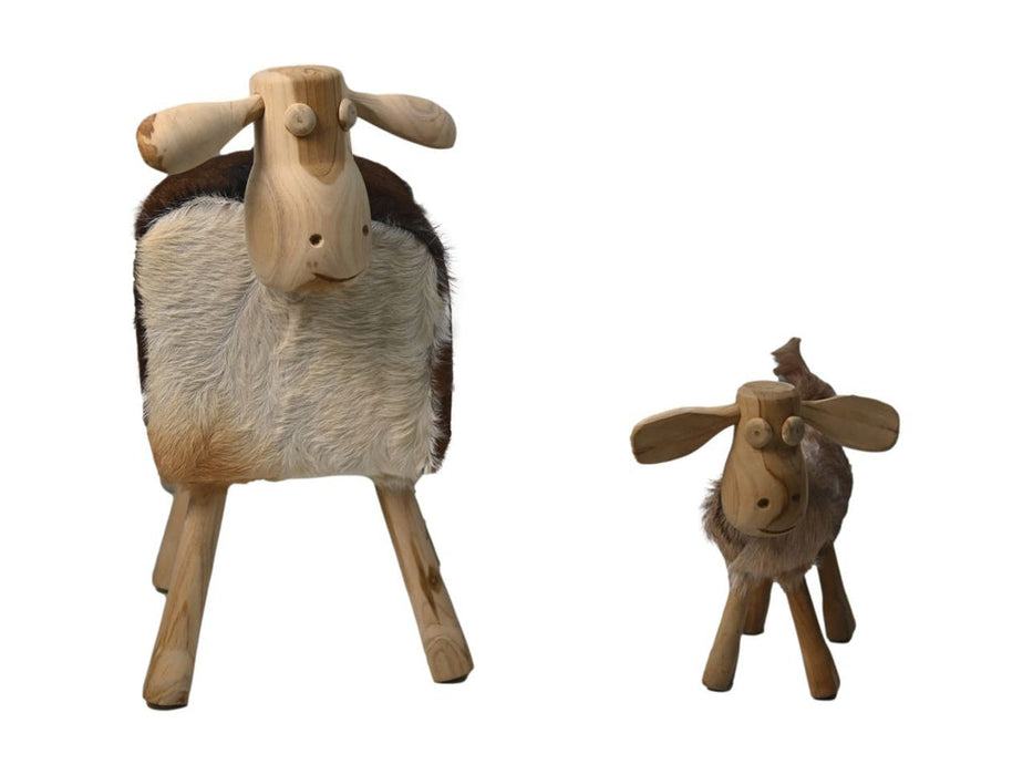 Schaap Shawn klein - 32x14x32 - wit/zwart- Teak/geitenhuid-Krukjes-HSM Collection