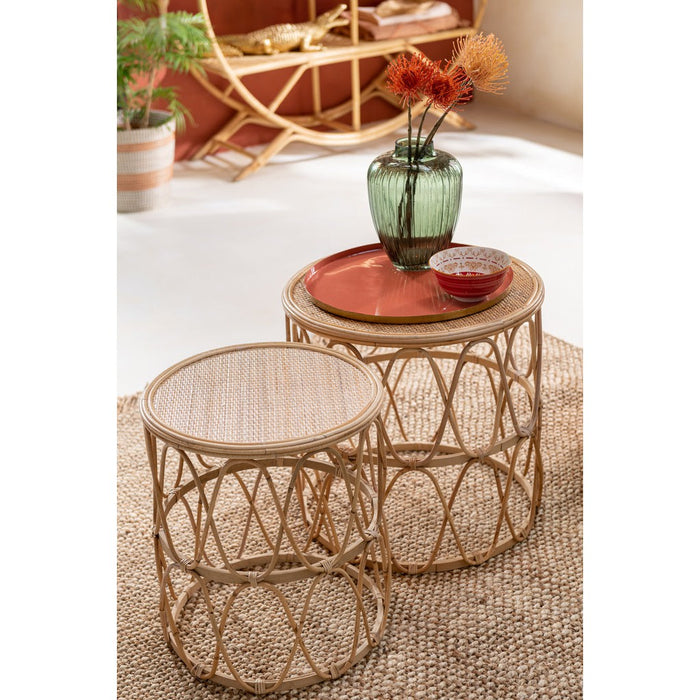 Set Van 2 bijzettafel golf patroon rotan naturel-Bijzettafels-J-Line