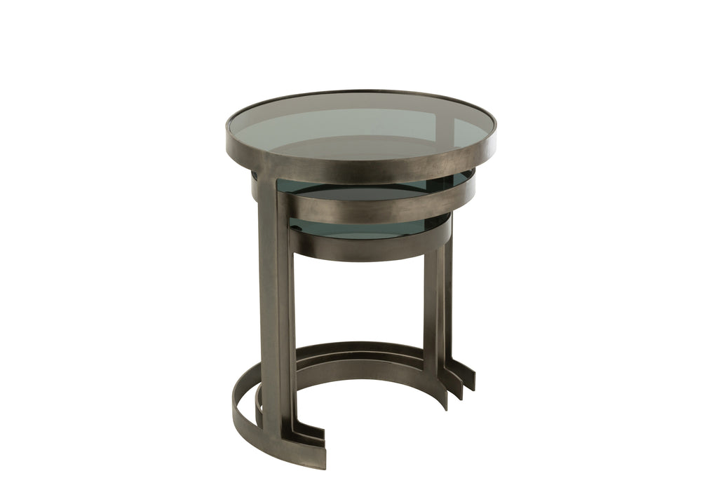 Set Van drie bijzettafels rond ijzer/glas grijs-Bijzettaels-J-Line