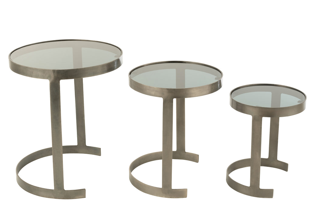 Set Van drie bijzettafels rond ijzer/glas grijs-Bijzettaels-J-Line