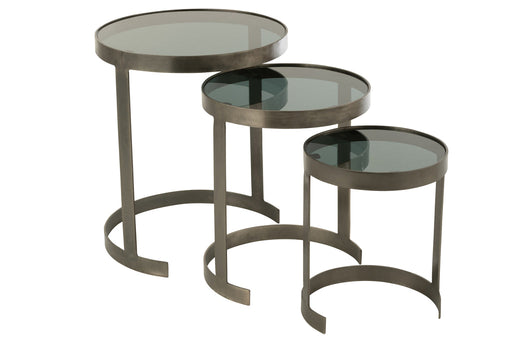 Set Van drie bijzettafels rond ijzer/glas grijs-Bijzettafels-J-Line