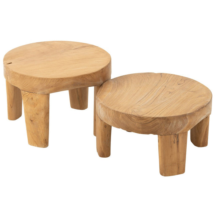 Set van 2 Tafel Rond Teak Hout Natuurlijk-Bijzettafels-J-Line