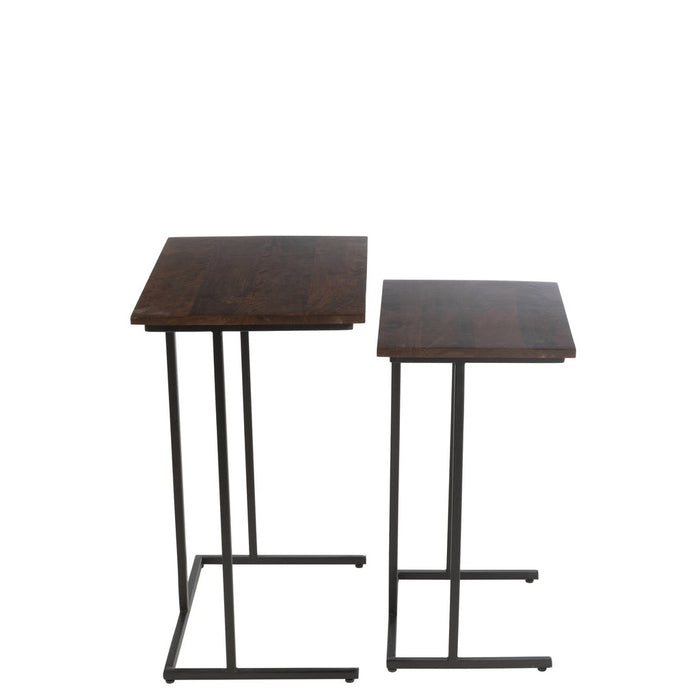 Set van 2 Tafels Rectangle Iron | Mango Hout Brown | Zwart-Bijzettafels-J-Line