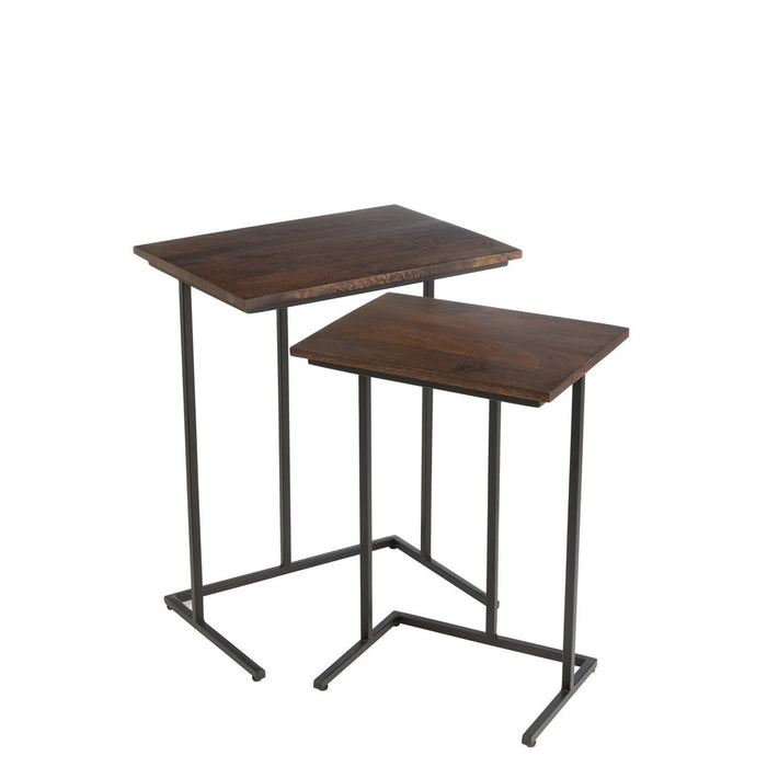 Set van 2 Tafels Rectangle Iron | Mango Hout Brown | Zwart-Bijzettafels-J-Line