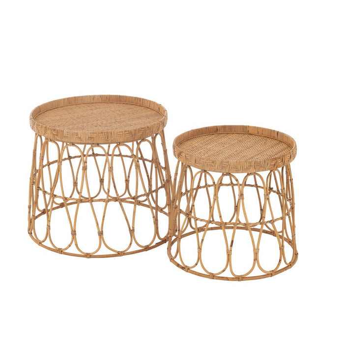 Set van 2 Tafels Rond Rattan | Plywood Natuurlijk-Bijzettafels-J-Line