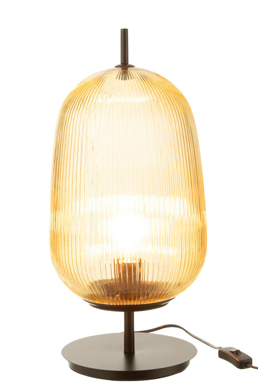 Moderne gele tafellamp van 49 cm hoog met geribbeld glas en een zwarte ijzeren voet.