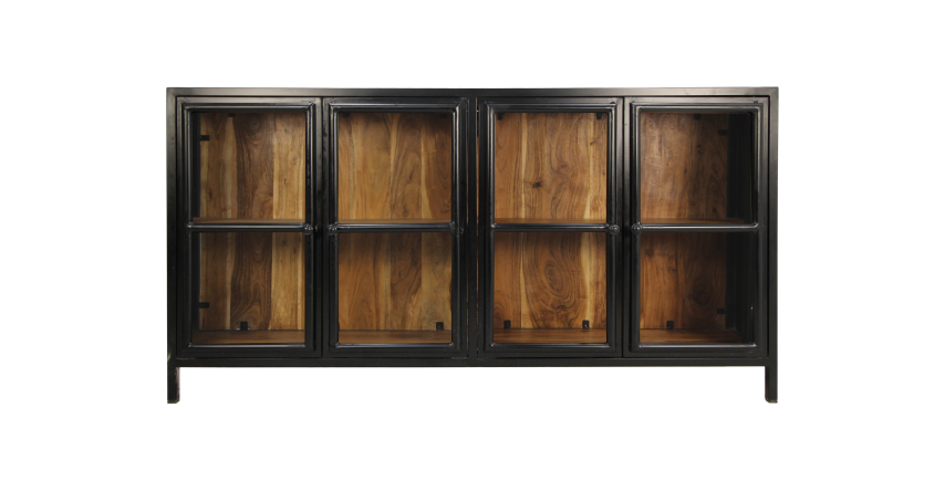 Vitrinekast Kingston - 170x40x90 - Naturel/zwart - Mango hout/metaal/glas-Vitrinekasten-HSM Collection