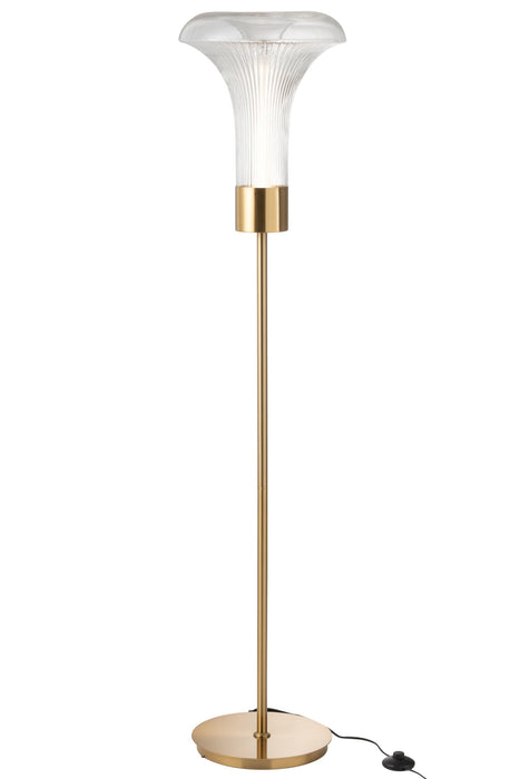 Elegante vloerlamp met transparante glazen kap en goudkleurige voet, 155 cm hoog.
