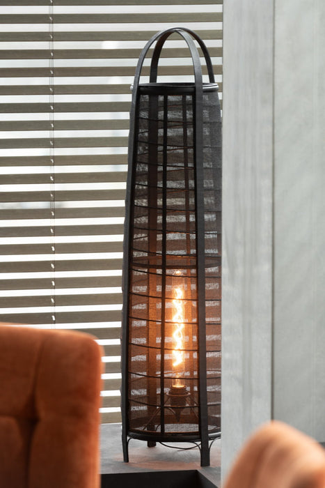 Zwarte vloerlamp van 100 cm hoog met een stoffen kap en een sfeervolle, zichtbare filamentlamp in een modern design.