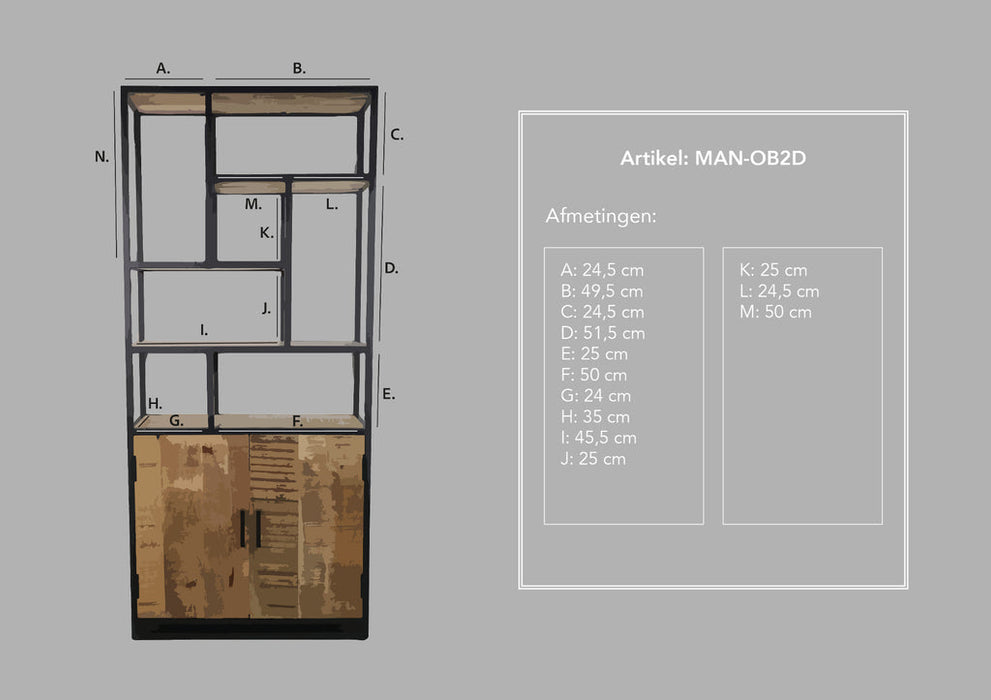 Wandkast Level 2 Deur-80x35x180-Naturel/Zwart-Mango/Metaal-Wandrekken-HSM Collection