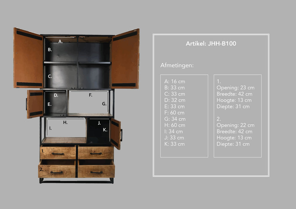 Wandkast Verona - 100x40x200 - Zwart - Mangohout/metaal-Opbergkasten-HSM Collection